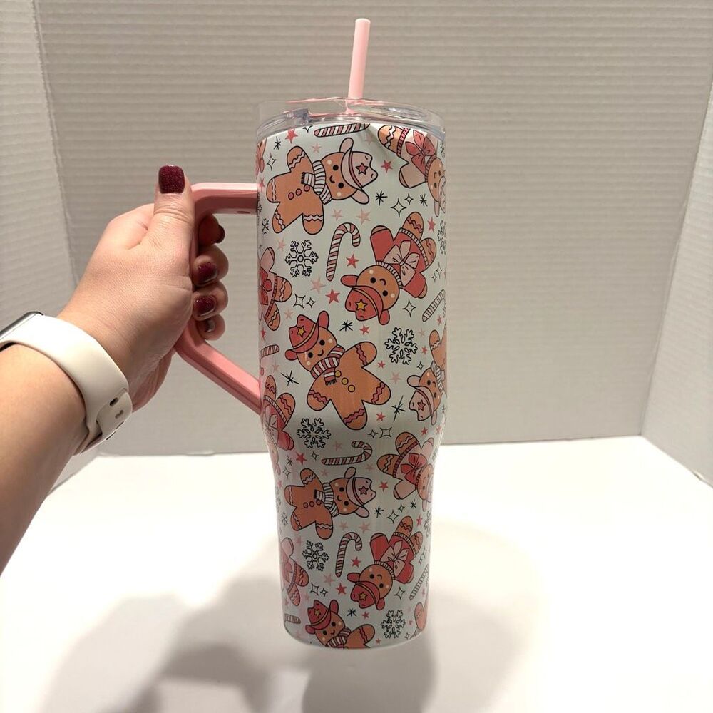 White Pink Western Cowboy Gingerbread Man Woman Drink Tumbler with Handle NWT